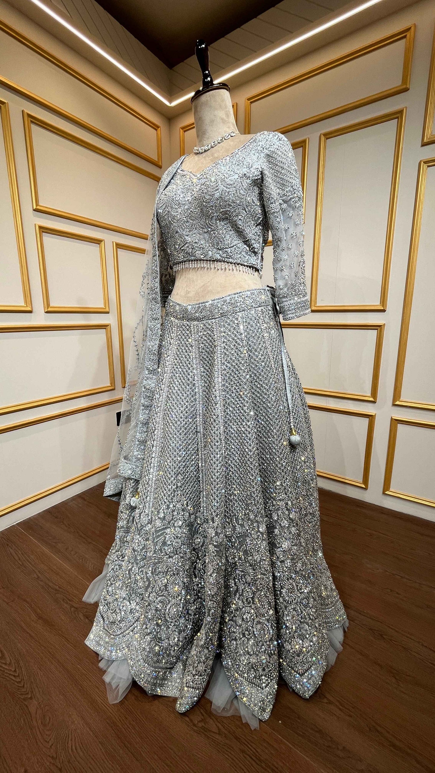 Zarkan & thread work lehenga on net in ash grey