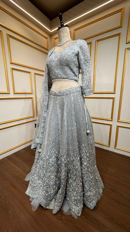 Zarkan & thread work lehenga on net in ash grey