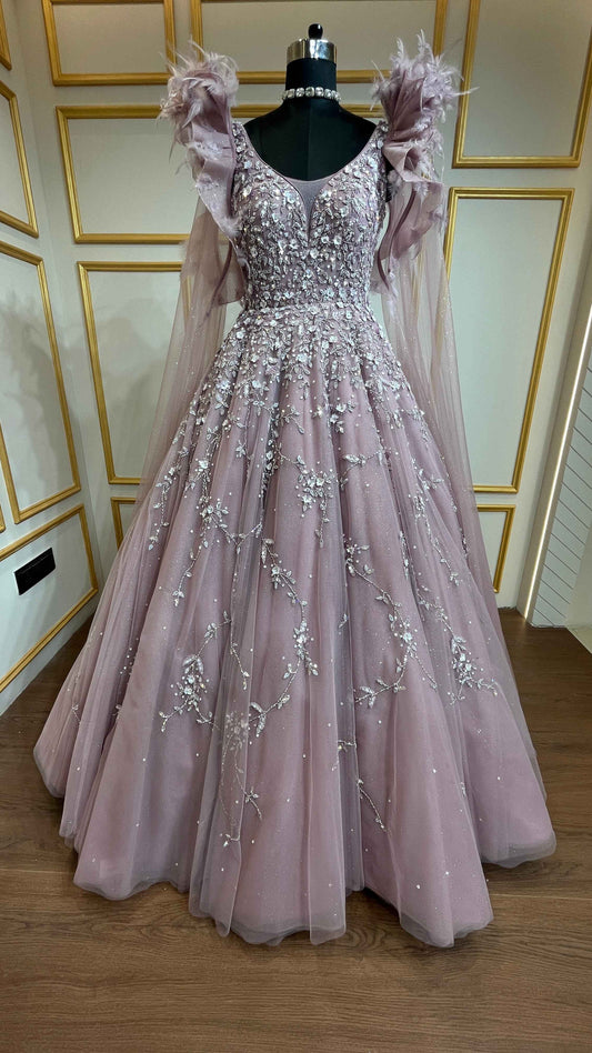 Net ball gown sequins & crystal in light mauve