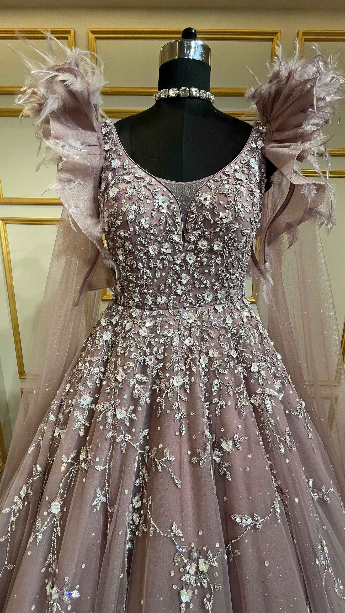 Net ball gown sequins & crystal in light mauve