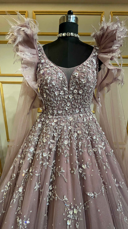 Net ball gown sequins & crystal in light mauve