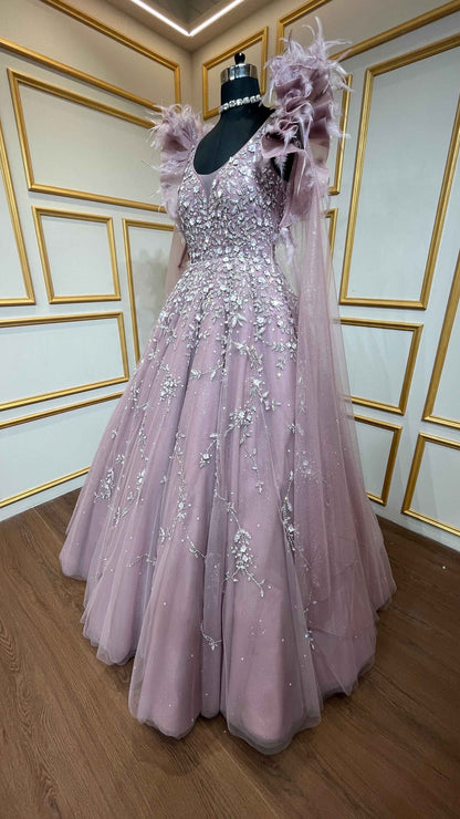 Net ball gown sequins & crystal in light mauve