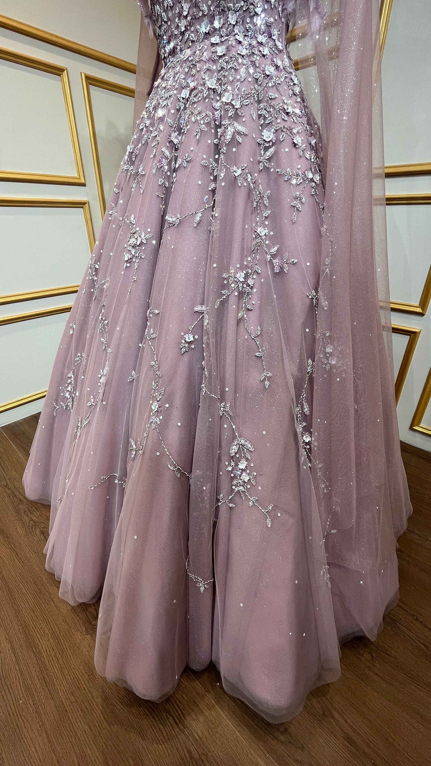 Net ball gown sequins & crystal in light mauve