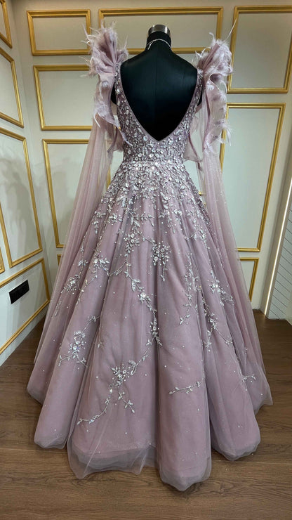 Net ball gown sequins & crystal in light mauve