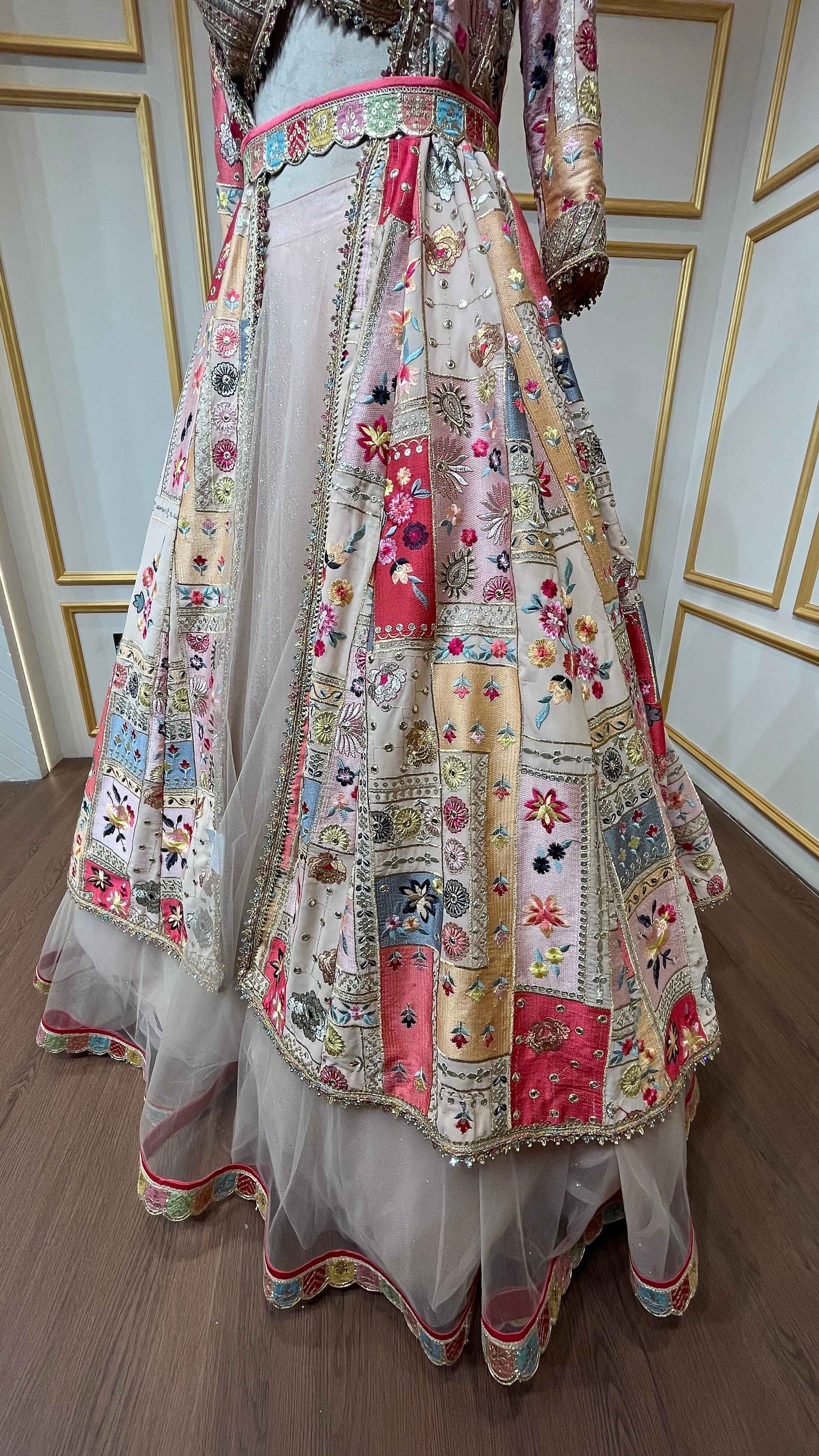 Thread & gota Patti work on georgette jacket with shimmer net skirt in multicolor