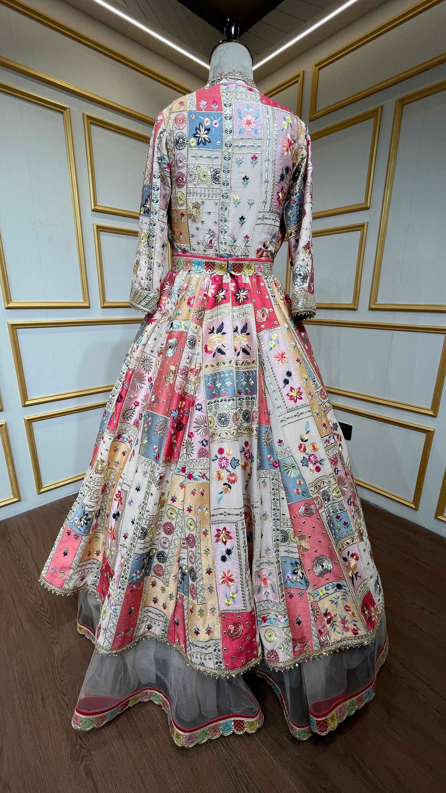 Thread & gota Patti work on georgette jacket with shimmer net skirt in multicolor