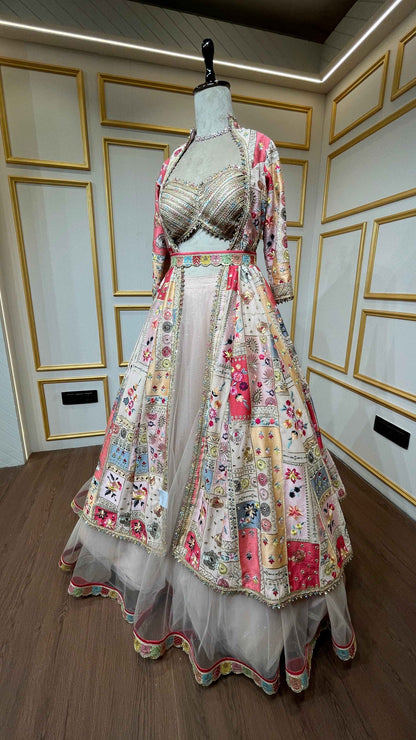 Thread & gota Patti work on georgette jacket with shimmer net skirt in multicolor