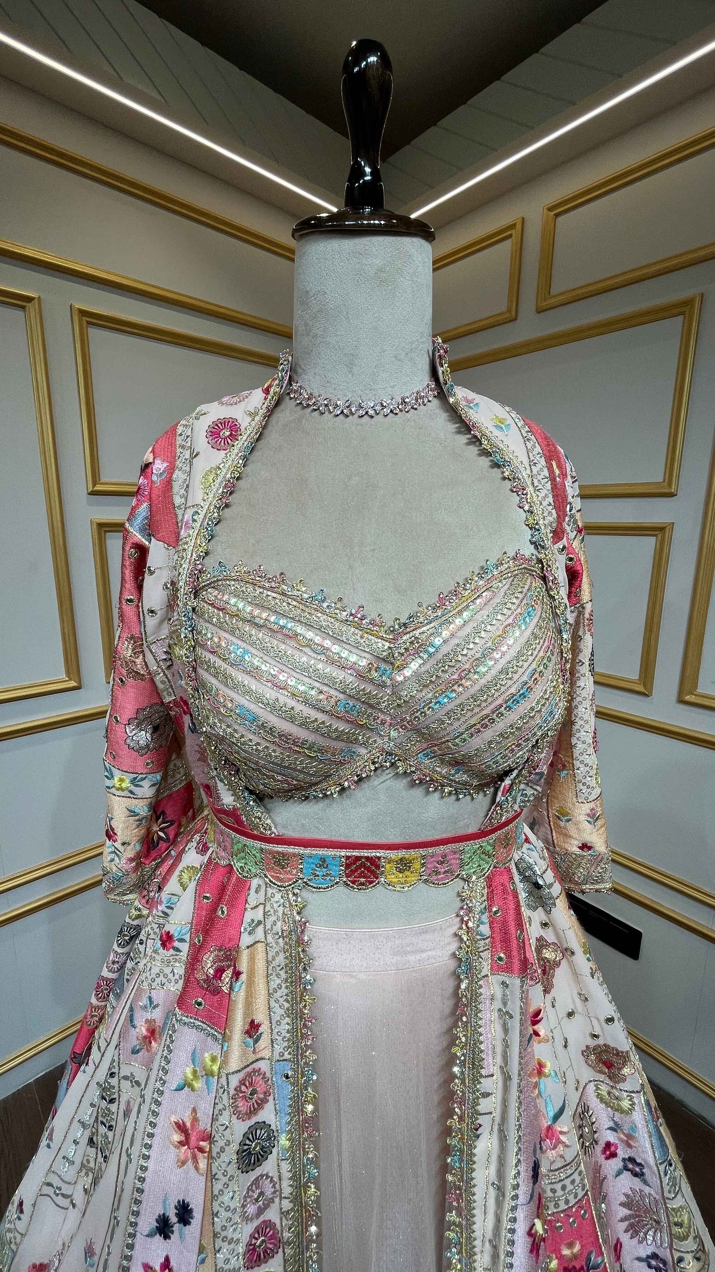 Thread & gota Patti work on georgette jacket with shimmer net skirt in multicolor