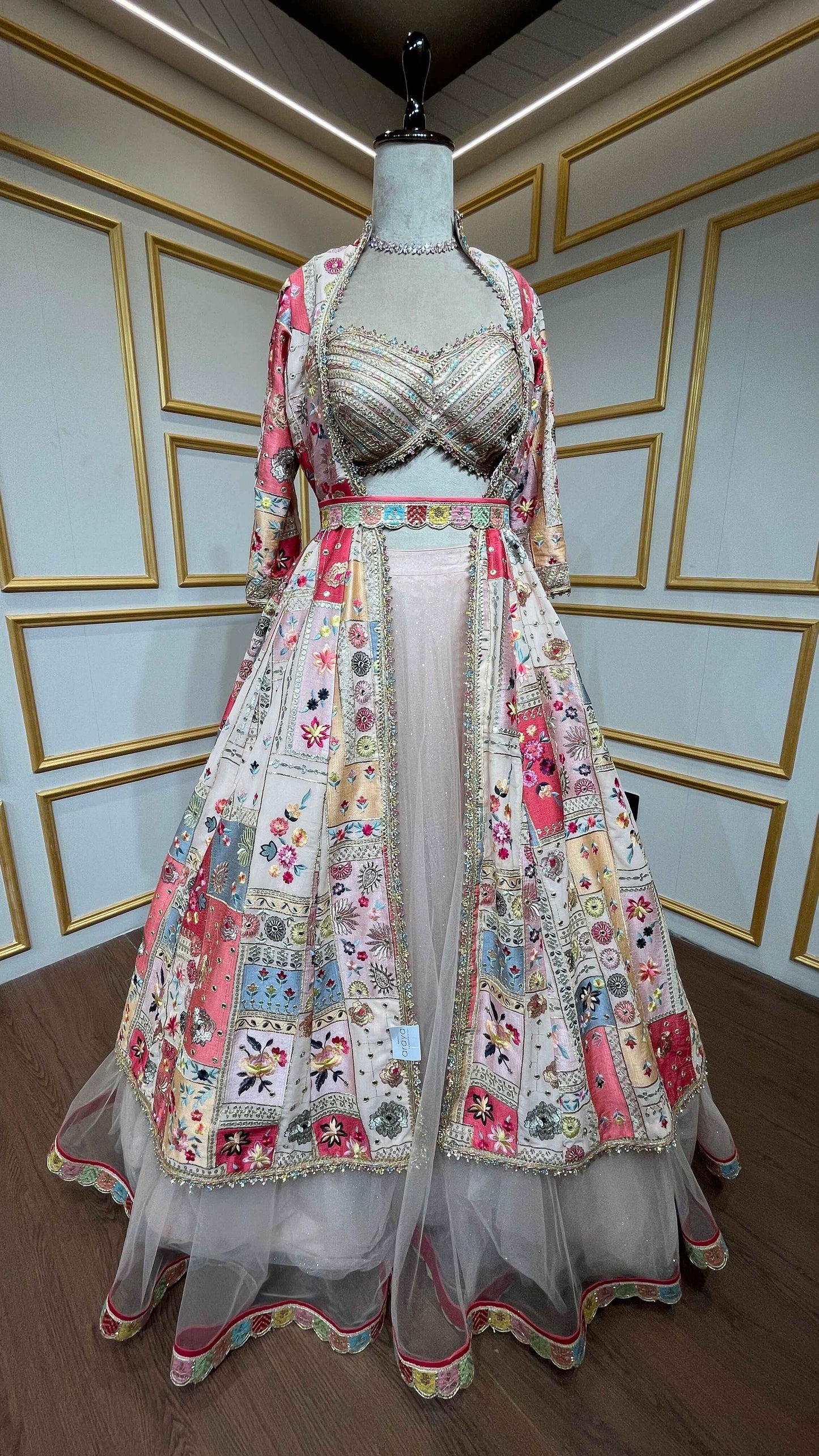 Thread & gota Patti work on georgette jacket with shimmer net skirt in multicolor