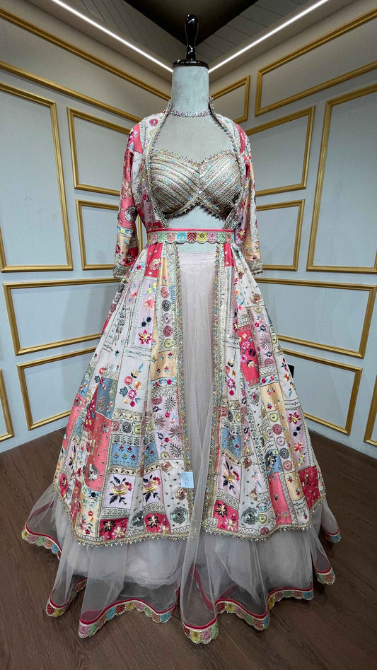 Thread & gota Patti work on georgette jacket with shimmer net skirt in multicolor