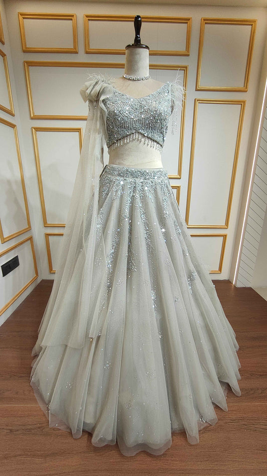 Powder grey lehenga in net with sequins & zarkan