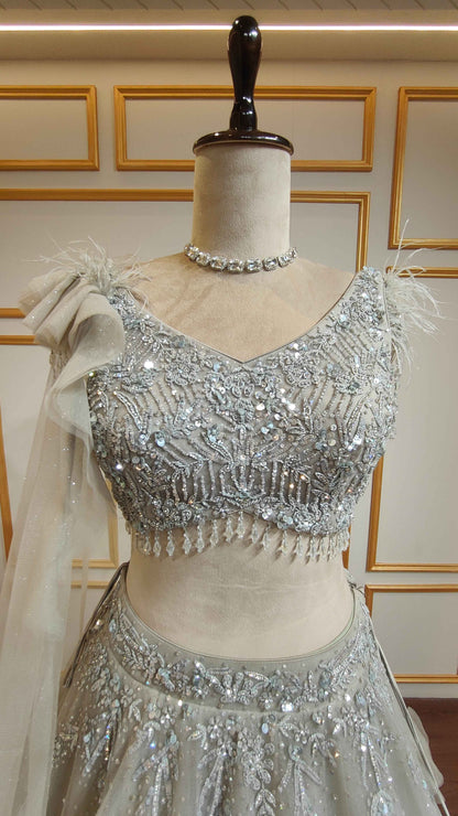 Powder grey lehenga in net with sequins & zarkan