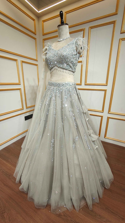 Powder grey lehenga in net with sequins & zarkan