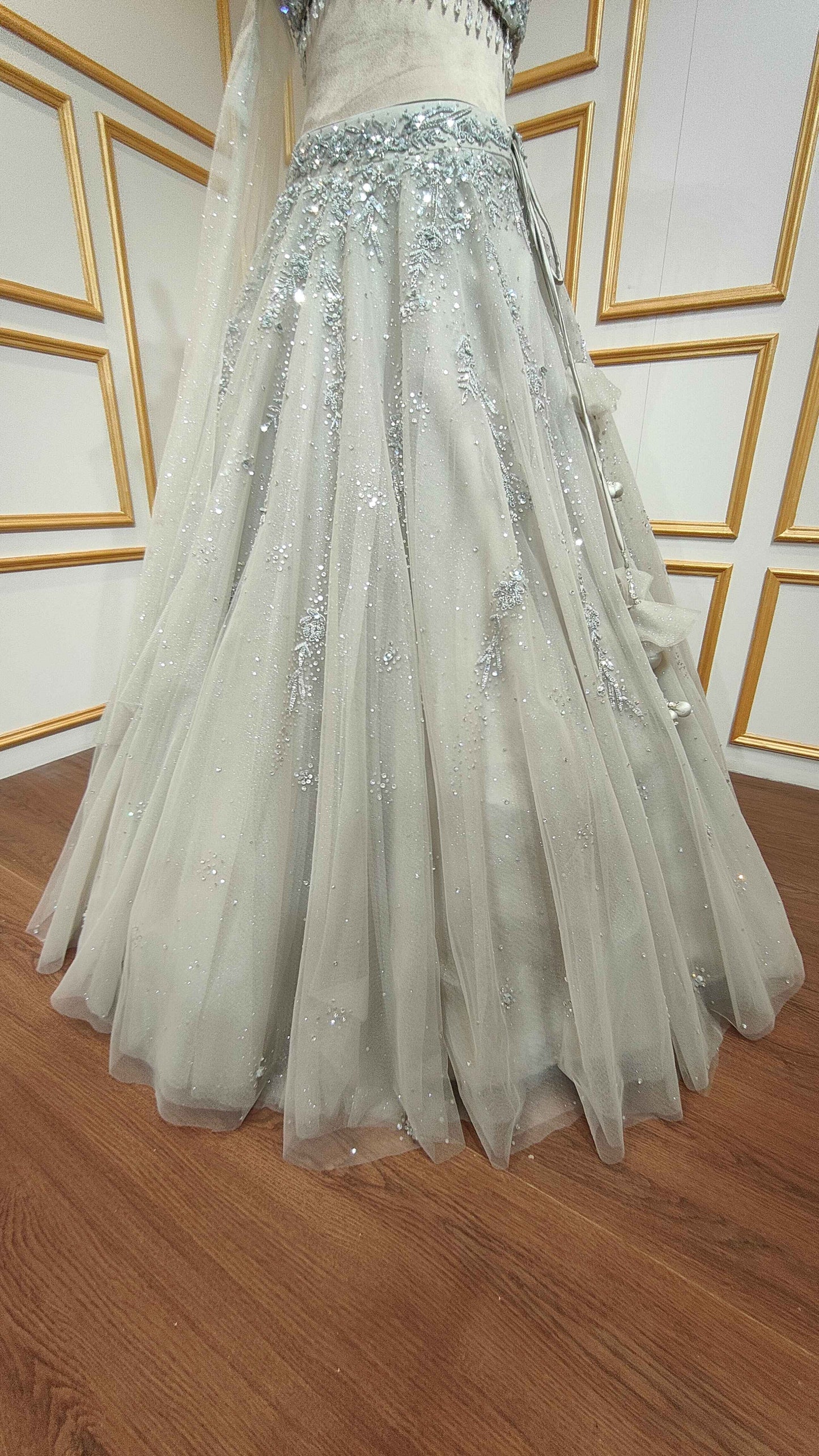 Powder grey lehenga in net with sequins & zarkan