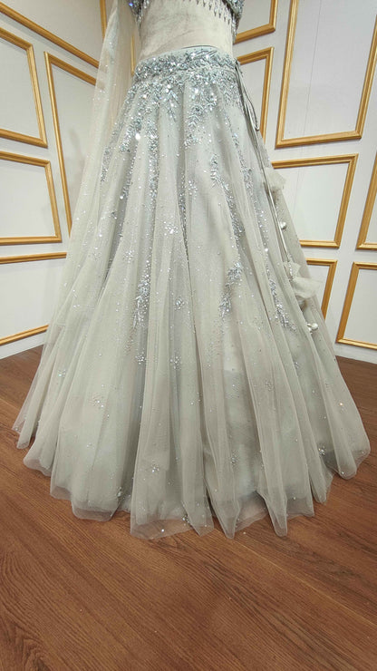 Powder grey lehenga in net with sequins & zarkan
