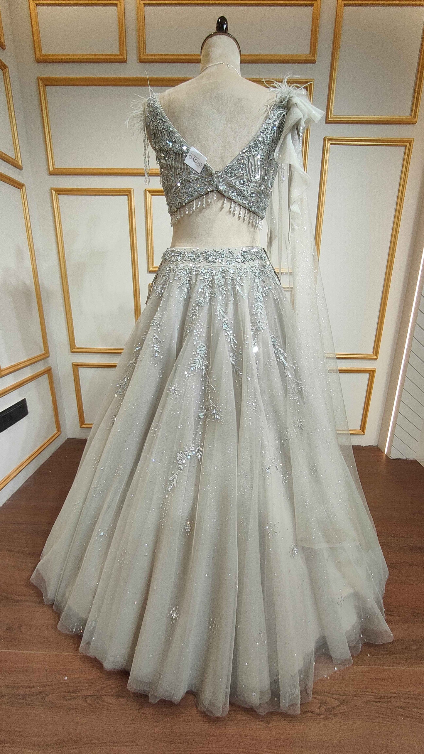 Powder grey lehenga in net with sequins & zarkan