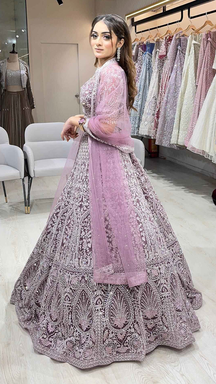 Dusty mauve lehenga with crystal & zari work on net with heavy dupatta