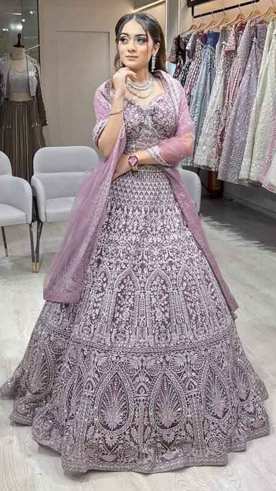Dusty mauve lehenga with crystal & zari work on net with heavy dupatta