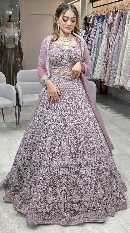Dusty mauve lehenga with crystal & zari work on net with heavy dupatta
