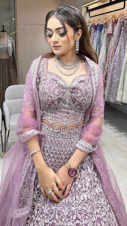Dusty mauve lehenga with crystal & zari work on net with heavy dupatta