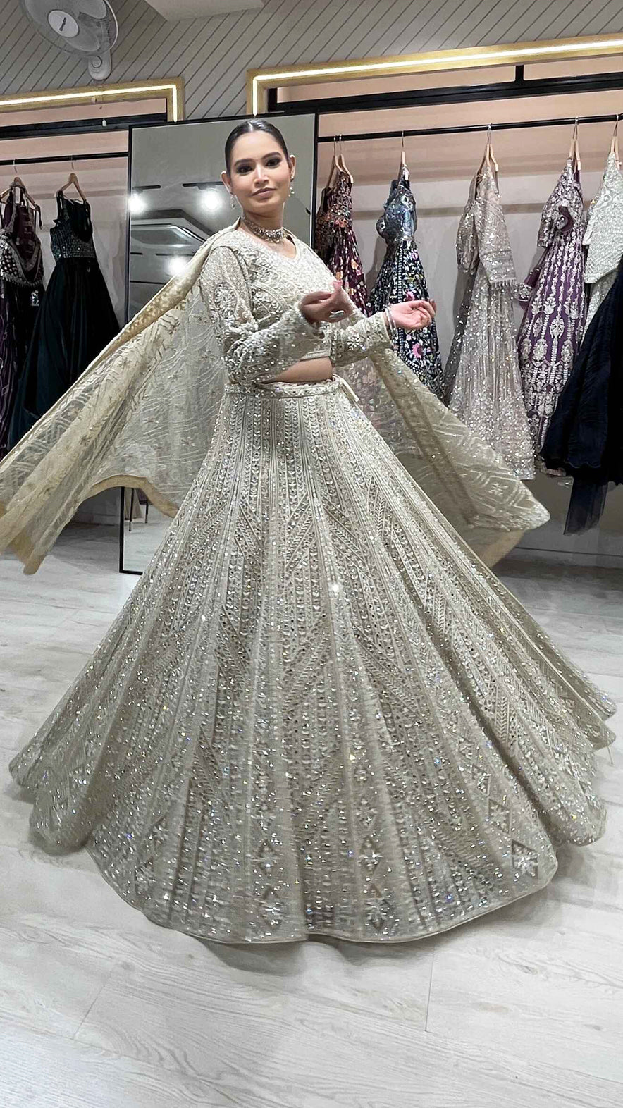 Cream gold bridesmaid lehenga with  & cut dana work on net with embroidered dupatta
