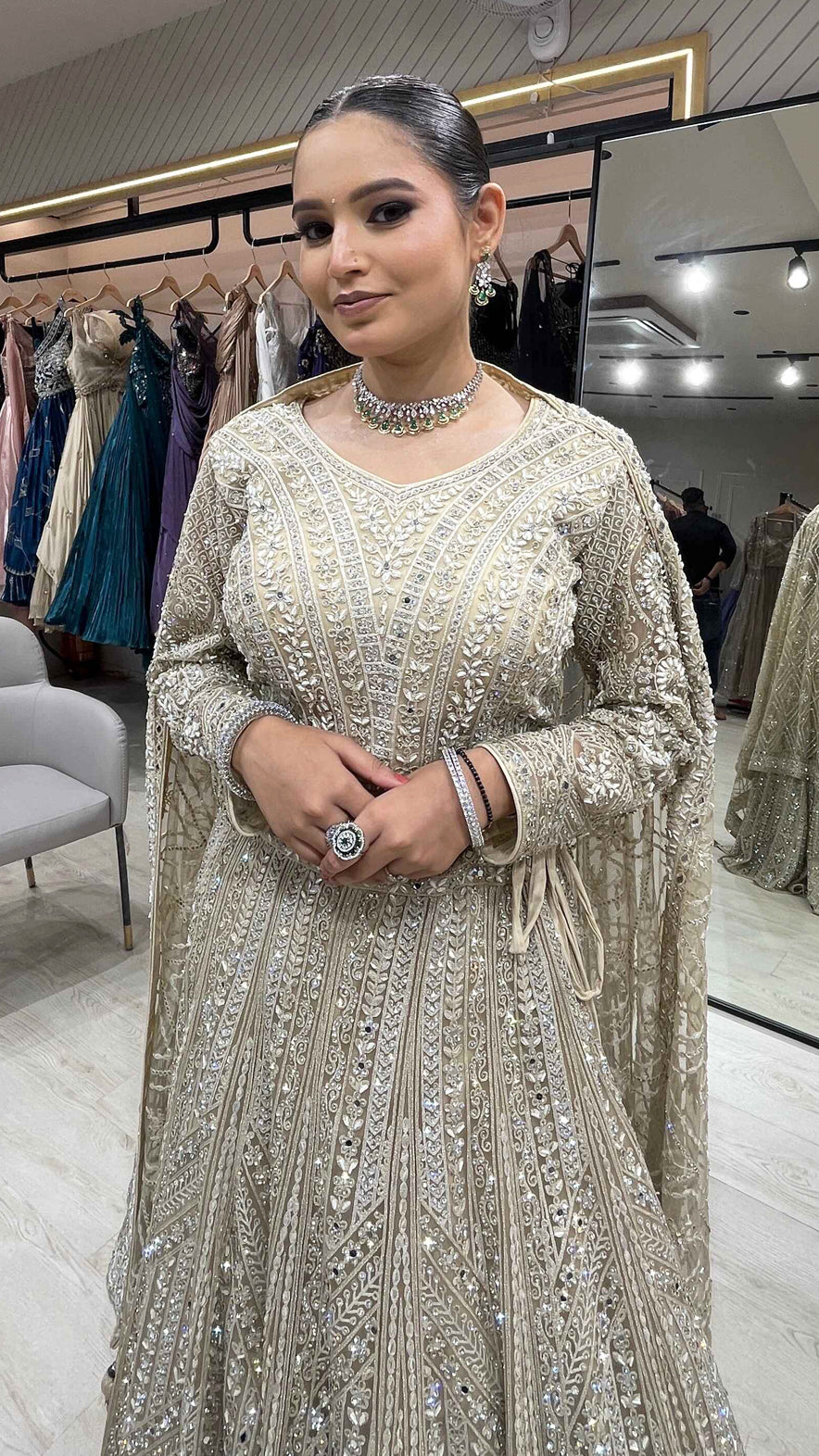 Cream gold bridesmaid lehenga with  & cut dana work on net with embroidered dupatta