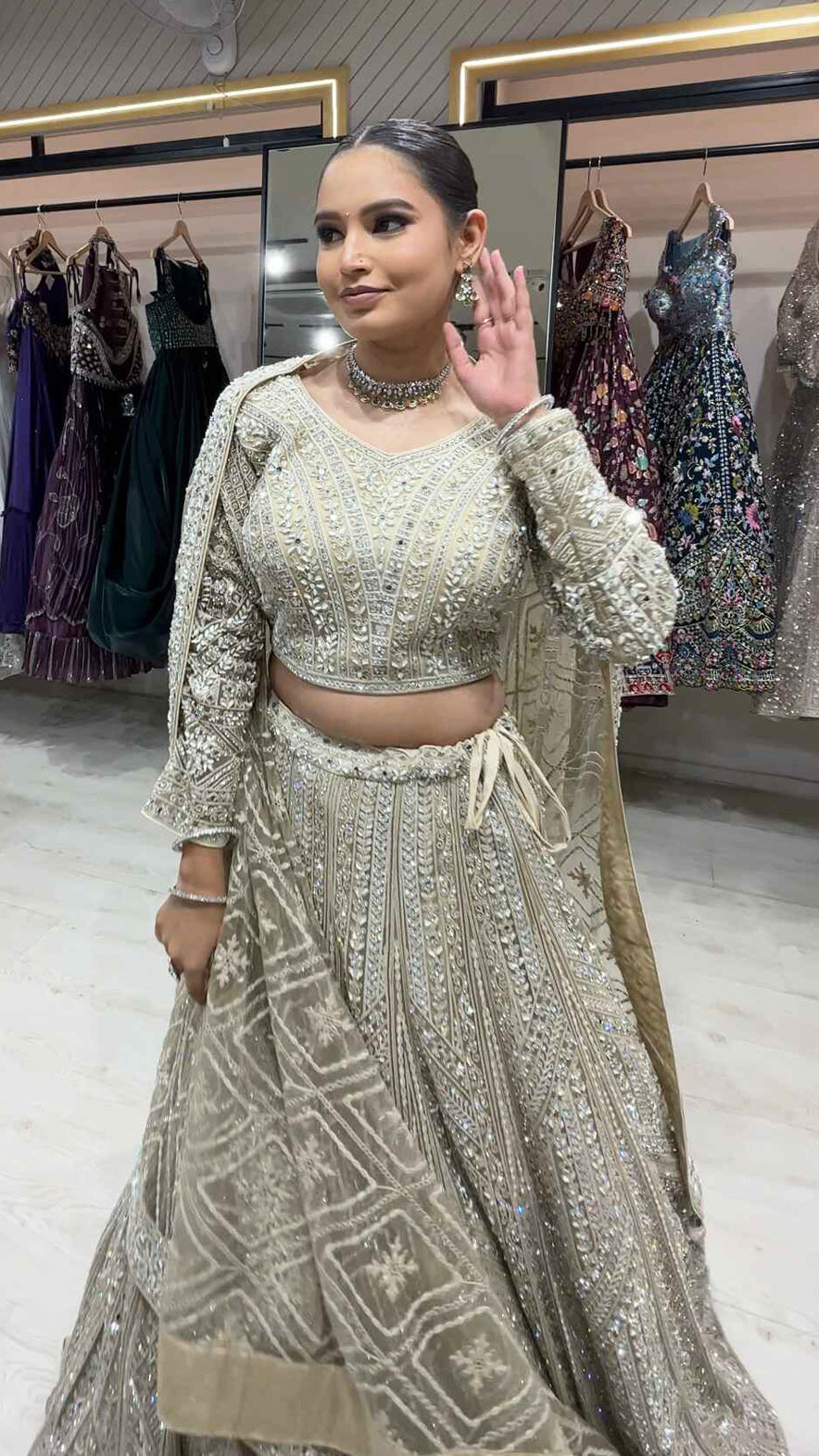 Cream gold bridesmaid lehenga with  & cut dana work on net with embroidered dupatta