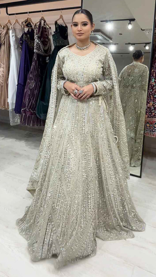 Cream gold bridesmaid lehenga with  & cut dana work on net with embroidered dupatta