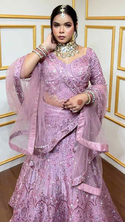 Tissue mermaid lehenga with thread & sequins work in flamingo pink