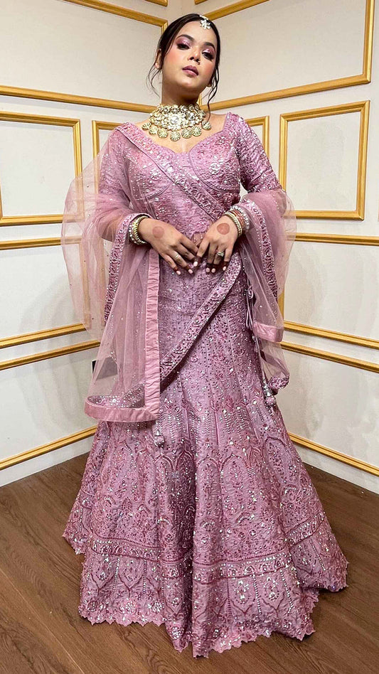 Tissue mermaid lehenga with thread & sequins work in flamingo pink