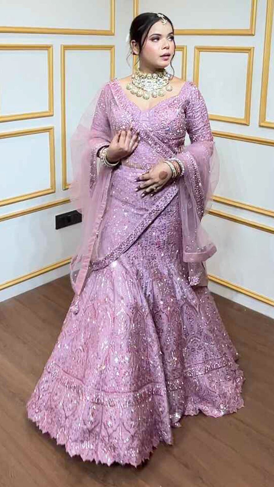 Tissue mermaid lehenga with thread & sequins work in flamingo pink