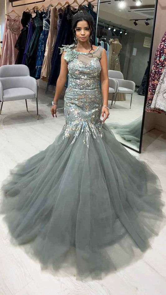 Sea green dust mermaid gown in net with sequins & crystal work