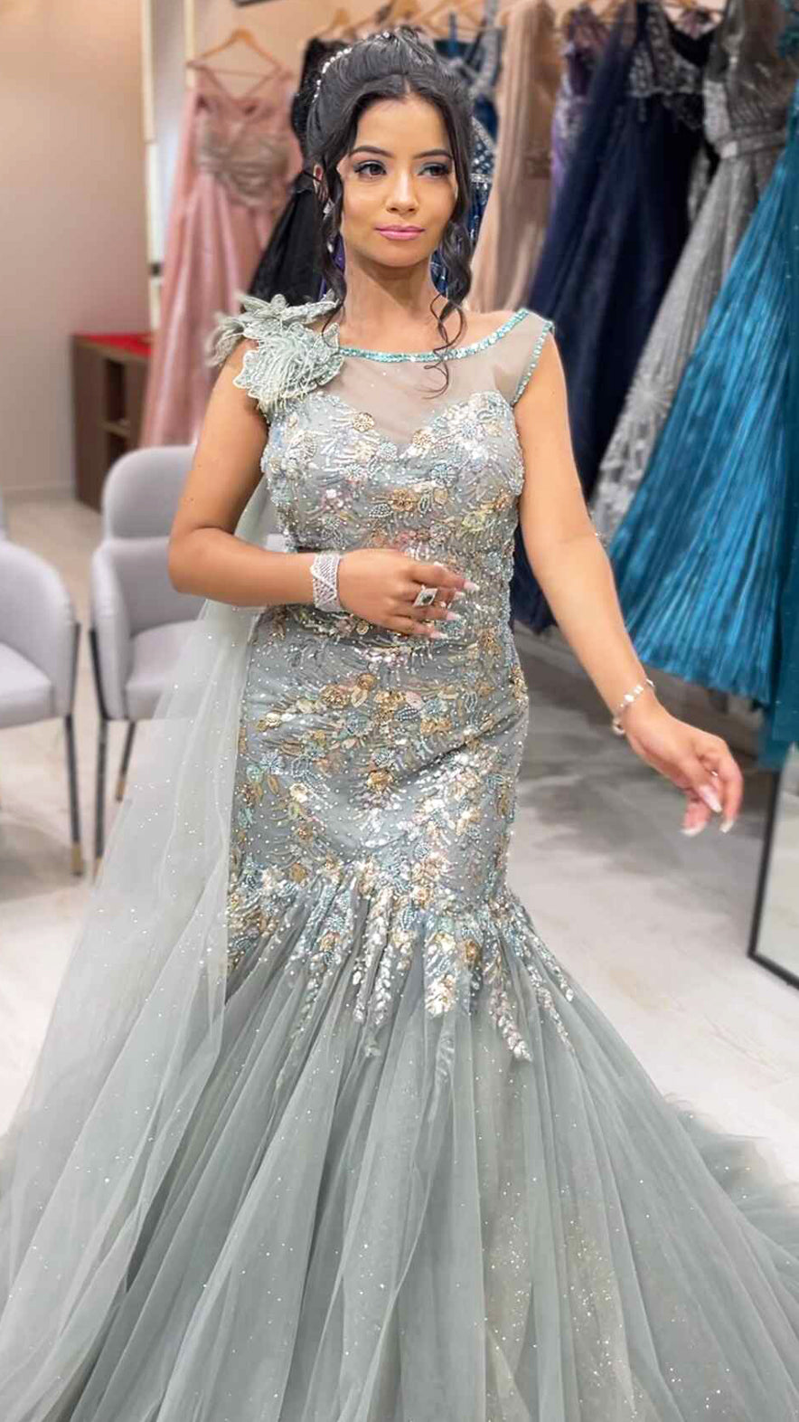 Sea green dust mermaid gown in net with sequins & crystal work