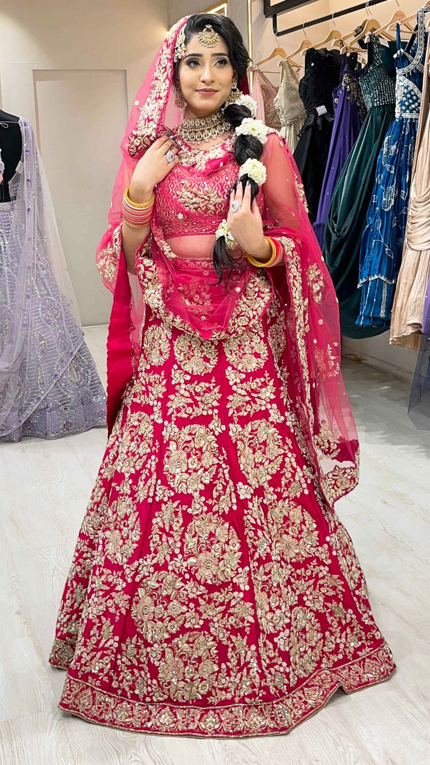 Magenta bridal lehenga on raw silk with dabka & zari work and heavy dupatta