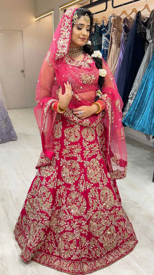 Magenta bridal lehenga on raw silk with dabka & zari work and heavy dupatta