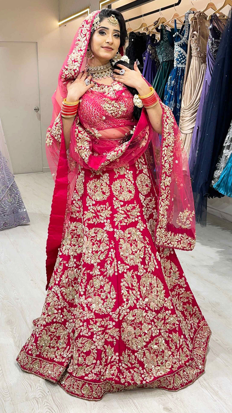 Magenta bridal lehenga on raw silk with dabka & zari work and heavy dupatta
