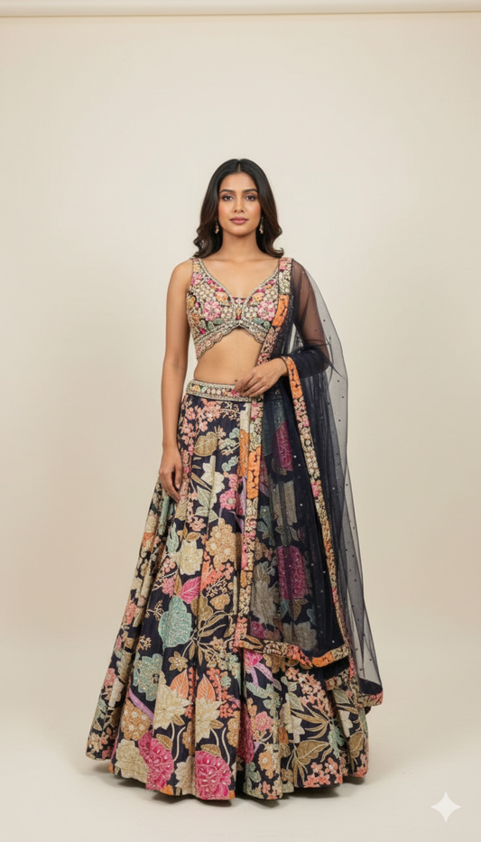 Navy blue lehenga choli with zari & mirror work on raw silk