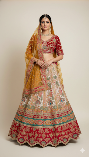 Raw silk multicolour lehenga with zari & sequins work and four side border dupatta