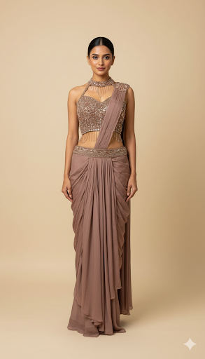 Pastel chocolate pre drape saree with cut dana & zarkan work on halter neck blouse on crape