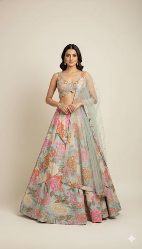 Baby blue lehenga choli with zari & mirror work on raw silk