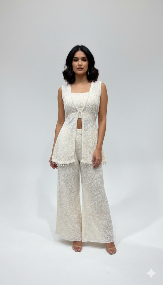 Ivory cut dana & resham work crop top plazo with jacket on georgette