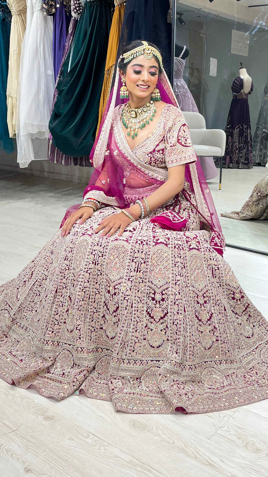 Magenta bridesmaid lehenga with dori &  zarkan work in net