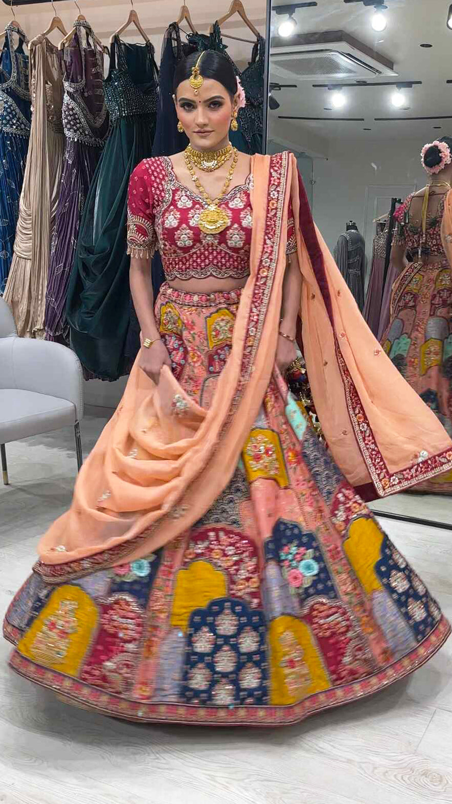 Brocade marwad lehenga in multicolour with resham & pearl work