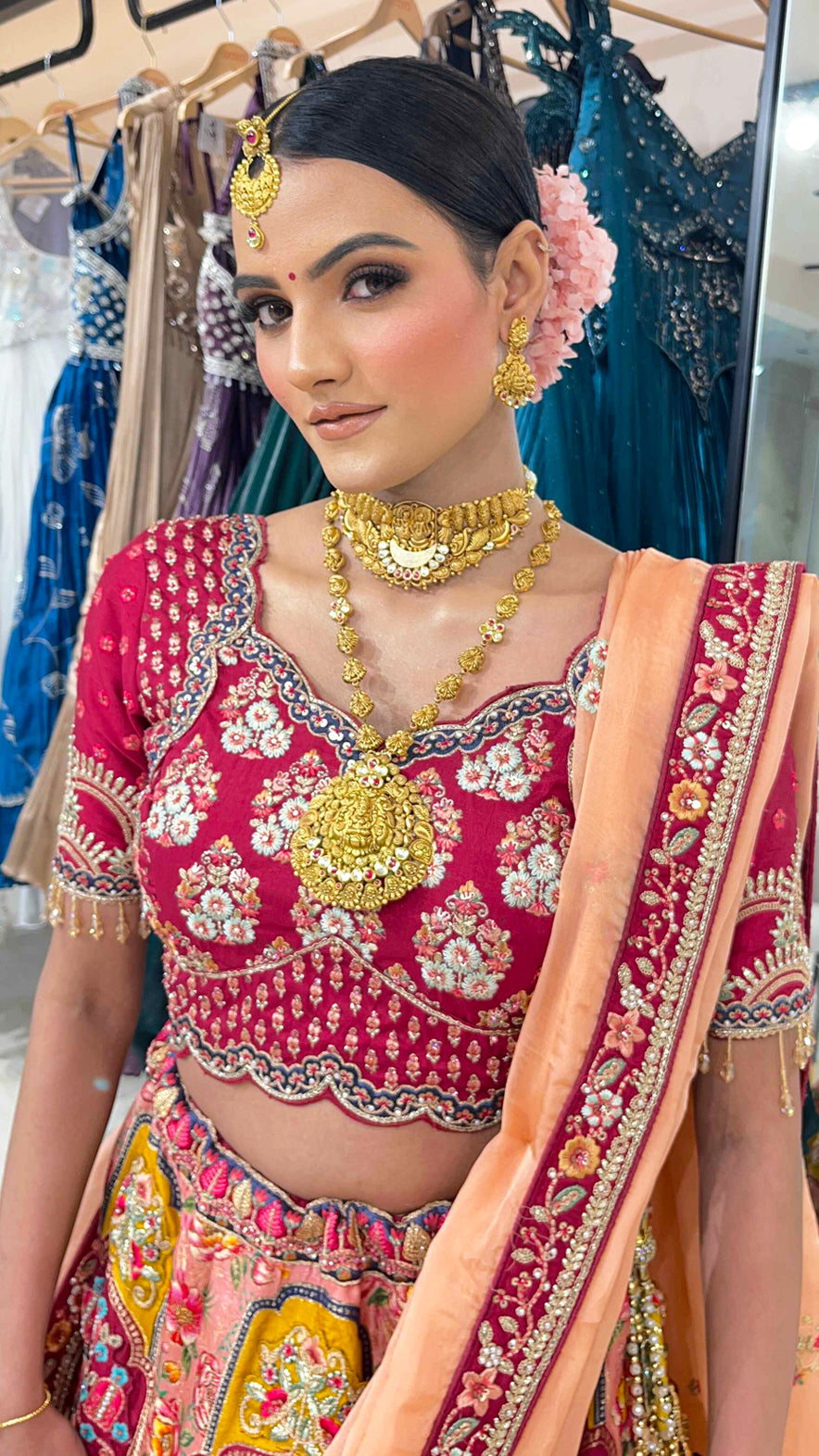 Brocade marwad lehenga in multicolour with resham & pearl work