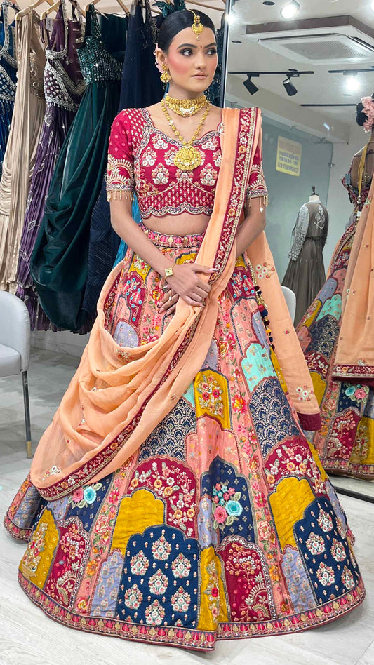 Brocade marwad lehenga in multicolour with resham & pearl work