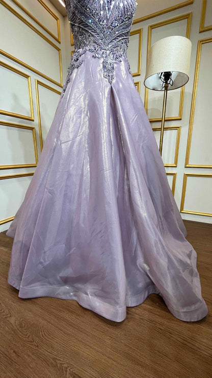 Lilac engagement gown with pearl & zarkan work on tissue organza