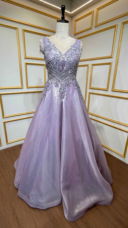 Lilac engagement gown with pearl & zarkan work on tissue organza