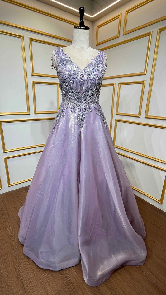 Lilac engagement gown with pearl & zarkan work on tissue organza