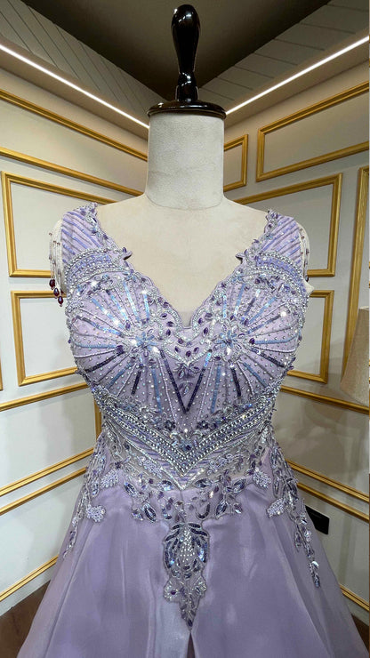 Lilac engagement gown with pearl & zarkan work on tissue organza