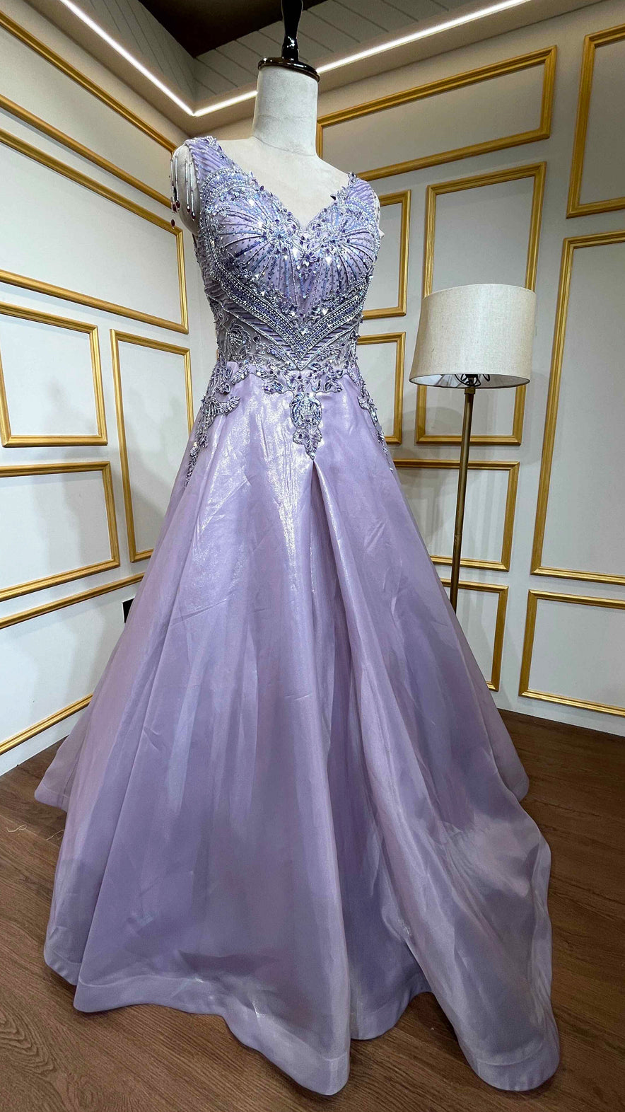 Lilac engagement gown with pearl & zarkan work on tissue organza